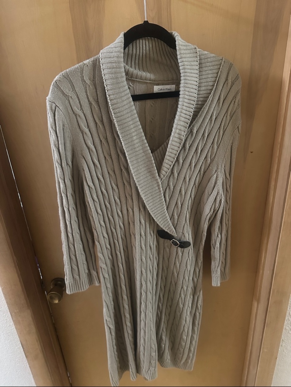 Calvin Klein Tan Cable-Knit Shawl Collar Cardigan Dress
